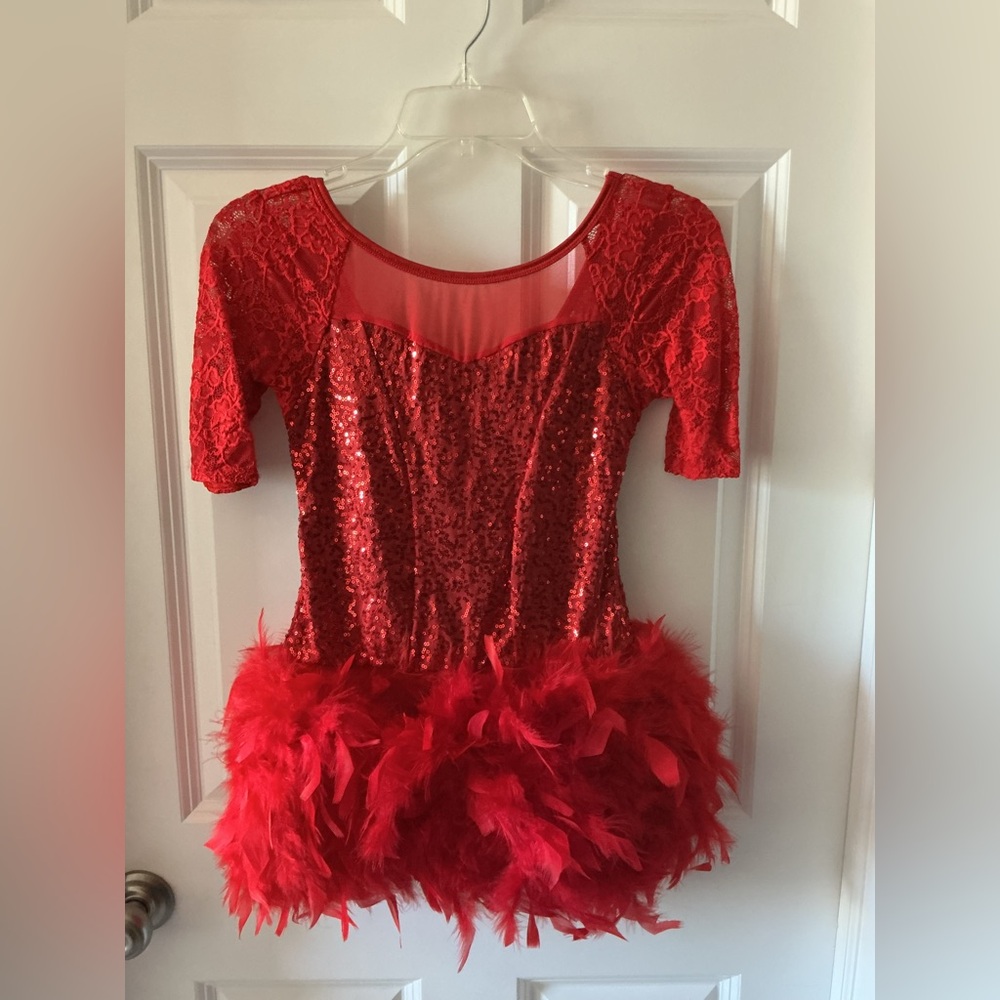 Curtain Call Red Sequin and Feather Dance Costume - Child Large